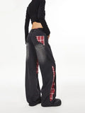 Advbridge American women retro bow tie tied jeans with grid splicing Harajuku Y2k loose casual slimming wide leg pants jeans woman