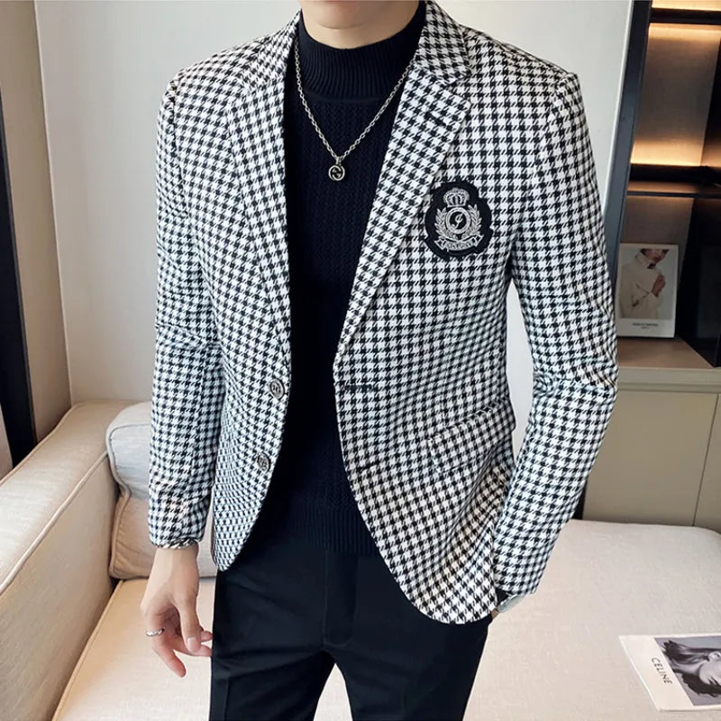 Advbridge British Style Men Casual Blazer British Style Business Slim Fit Plaid Suit Coat Male Formal Single Buckle Suit Jacket 4XL