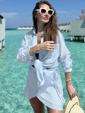 ADVBRIDGE  -  Vacation Beach Cover Up Sets Women Long Sleeve Loose Blouse And Holiday Casual Party Fashion Mini Skirts 2 Piece Suits