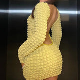 ADVBRIDGE  -  Autumn Yellow Sexy Open Back Popcorn Texture Short Dress Skinny High Waist Hipster Mini Dress Women Elegant Club Streetwear
