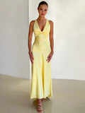 Advbridge Satin Bow Backless Sexy Maxi Dress For Women Gown Fashion V Neck Sleeveless Club Party Evening Dress Elegant