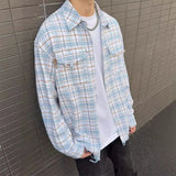 Advbridge Autumn Men's Clothing Luxury Ripped Plaid Shirt Retro Solid Color Button-down Long Sleeve Streetwear Popular Check Clothes