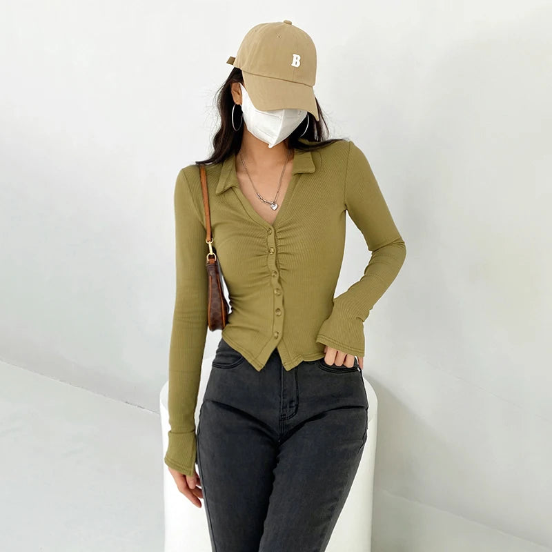 Advbridge -  Women Spread Collar Ruched Front Button Through Top With Split Sleeve Detail