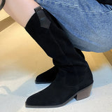 Advbridge Women's natural suede leather 5cm thick med heel pointed toe side zip autumn mid-calf boots high quality female casual half boot