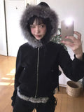 Advbridge Japanese Y2k Hoodies Women Vintage Black Fur Jackets Korean Style Hooded Sweatshirt Grunge Zipper Casual Coat Aesthetics