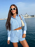 Advbridge Stripes Crop Top+shirt 2 Pcs Outfits Women Casual Summer Autumn Casual Set Blue Matching Set Shorts Set Female Suit