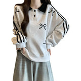 Advbridge Oversized Preppy Style Polo-Neck Sweatshirts Female Spring Autumn New Striped Bow Top Tee Coat Women's Casual Patchwork T-Shirts