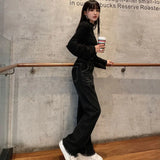 ADVBRIDGE  Harajuku Ripped High Waist Jeans Streetwear Patchwork Baggy Denim Pants Dark Gray Straight Trouser Female Denim Pants