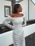 ADVBRIDGE  -  Sexy Hollow Out See Through Long Dress Chic White Lace Long Sleeve Off Shoulder Robes New Female Summer Party Club Gowns 2025