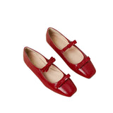 Advbridge 2024 New Double Bowknot Mary Jane Shoe Women Square Toe Glossy Leather Flats Female Red Dance Ballets Party Wedding Shoe Size 44