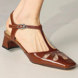 ADVBRIDGE  -  Women's cow leather hollow-out t-strap sandals 4cm thick med heel square toe elegant ladies summer pumps heeled shoes for woman