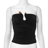 Advbridge  Solid Wrapped Chest Metal Decoration Bare Back Super Short Top Shrink Fold  Agate Sleeveless One Line Shouler Vest