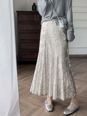 Advbridge -  Silver Sequin A-line Fishtail Skirt Vintage Skirts for Woman Long Dress Korean Fashion Y2k Clothing Faldas Para Mujeres