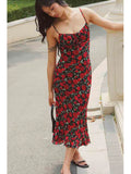 Advbridge Rose Red Flower Printed Black Bodycon Summer Dress Women 2024 Beach Boho Maxi Slip Sundress Ruffles Sleeveless Long Floral Dress
