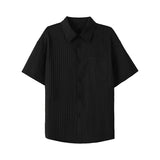 ADVBRIDGE  -  Men's Vertical Stripe Lapel Textured Loose-Fit Short Sleeve Shirt Casual Breathable Top Comfortable Wear, Trendy Summer Style