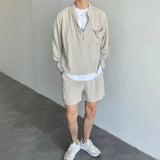 Advbridge Korean Fashion Summer Clothes Men 2 Piece Set Solid Hip Hop V-neck Tops Shorts Streetwear Short Pants Outfits Casual Outer Sets