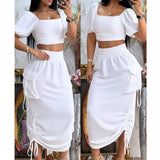 Advbridge Summer Dress Set Women Two Piece Set Outfits Short Sleeve Tshirt Top Sexy Pencil Skirts Backless Lace Up Tube Top Suit