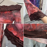 Advbridge Tie Dye Leopard Print Women's Boat Collar Big Bell Sleeve Top Lace Double Layer Mesh Irregular Y2k Shirt Blouse Summer Club Wear