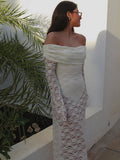 ADVBRIDGE  -  Sexy Hollow Out See Through Long Dress Chic White Lace Long Sleeve Off Shoulder Robes New Female Summer Party Club Gowns 2025