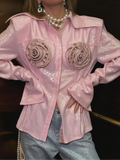 Advbridge Fashion Sequin 3d Flower Women's Casual Blouse Single Breasted Pink Sweet Long Sleeved Shirt 2025 New Female High Street Tops