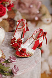 Advbridge Original Lolita Shoes Chinese Red Chinese Style High Heel Lolita Wedding Shoes Sweet Flower Wedding Shoes Heel Height 6cm