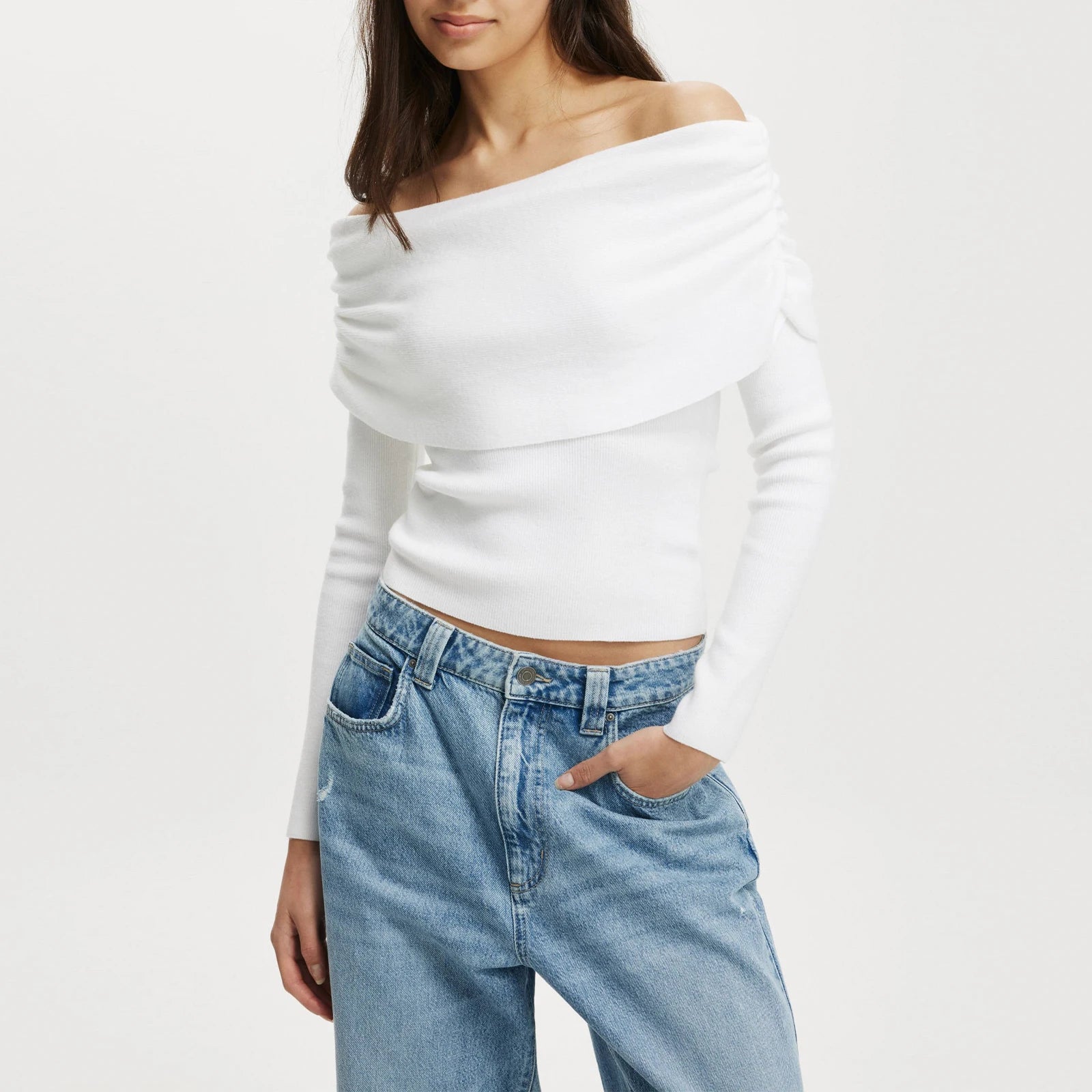 Advbridge Women's Elegant Chic Off Shoulder Knitwear Sweaters Slim Fit Foldable Slash Neck Solid Color Pullover Tops Streetwear