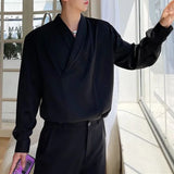 Advbridge Mens V-Neck Basic Casual Long-Sleeved Shirt 2024 New Autumn Winter Genderless Fashion Simple Retro Solid Color Shirt Unisex