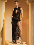 Advbridge Sexy Hollow Out High Slit Lace Women Maxi Dress Black See Through Evening Dress Female Autumn New Elegant Party Clubwear