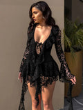 ADVBRIDGE  -  Women's Sexy Yellow Lace Mini Vestidos Chic See Through V Neck Flare Sleeve Tassel Dress 2025 Party Club Wear Slim Fit Dresses