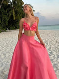 Advbridge 2025 Vacation Elegant Pink 3d Flower Backless Sling Top Suit Women Strapless Cropped Tops A-line Skirt Set Lady Beachwear Outfit