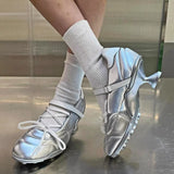 Advbridge Designer Heeled Ballet Pumps Women Round Toe Cross Lace Up Strange Shoes Sporty Style Silver Brand Low Heeled Mary Jane Shoes