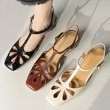 ADVBRIDGE  -  Women's cow leather hollow-out t-strap sandals 4cm thick med heel square toe elegant ladies summer pumps heeled shoes for woman