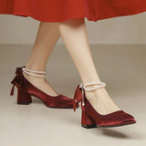 Advbridge Women's Pumps Pearlescent White Wedding Shoes String Bead Ankle Strap Dress Shoes Mid Heels Square Toe Back Bow Pump Red 9734C