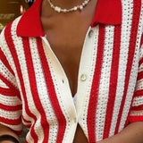 ADVBRIDGE  -  Red Striped Crochet Blouse Women Summer New Single Breasted Lapel Collar Hollow Out Blouses Streetwear Casual Short Sleeve Shirt