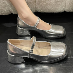 Advbridge Silver Thick Heels Mary Jane Shoes Women Buckle Strap Square Toe Pumps Woman Med Heele Patent Leather Shoes Female