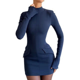 Advbridge Autumn Spring O Neck Solid Color Commute Dress Elegant Long Sleeve Bodycon Wrap Hip Dress Women Simple Party Slim Fit Mini Dress
