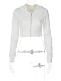 Advbridge Y2K Aesthetic Vintage Basic Zip Up White Cropped Hoodies 2000s Fashion Big Pockets Front Hooded Long Sleeve Sweats Cute