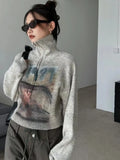 Advbridge Y2k Vintage Knitted Sweaters High Collar Half Zipper Pullover Women Japanese Printed Jumpers Knitwear Autumn All Match Pullovers
