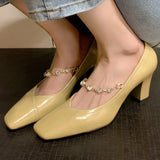 ADVBRIDGE  -  Spring new women's genuine leather crystal chain decoration slip-on Mary Jane pumps 7cm thick high heel elegant ladies shoe