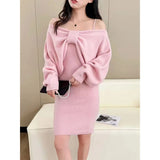 Advbridge Autumn Winter New Bow Sexy Camisole Two-piece Set Dress Women Clothing Vintage Casual Elastic Slim Knitted Dresses