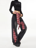 Advbridge American women retro bow tie tied jeans with grid splicing Harajuku Y2k loose casual slimming wide leg pants jeans woman