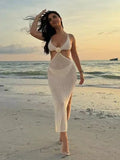 ADVBRIDGE  -  Sexy Knitted SD Flower Slim Beach Dress Women Retro Sleeveless Hollow Out Side Slit Long Dresses Female 2025 Chic Party Holiday