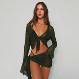 Advbridge Green Beach Skirt Set Women Sexy See Through Crop Top and Mini Skirt Outfits Fashion Bandage Bikini Cover Up Two Piece Set 2024