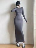 Advbridge Simple Maxi Long Dress Round Neck Long Sleeve Tight Slim Maxi Dresses Elegant Fashion Korean Women Robe DEH8