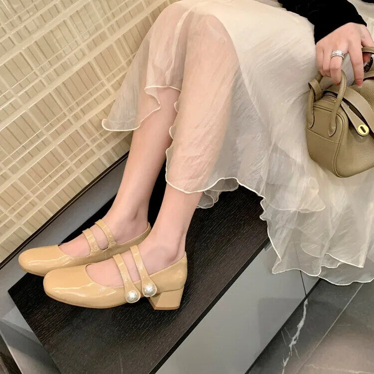 Advbridge New Spring Mary Jane Shoes Casual Shoes Chunky Heels Shoes for Women Square Toe Women Pumps Zapatos Mujer Large Size 34-43