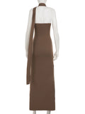 ADVBRIDGE  -  Elegant Fashion Solid Scarf Collar Split Dress Slim Solid One-Shoulder Sleeveless Maxi Dresses For Women 2025 Summer