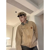 Advbridge American Gradient Denim Jacket Mens Trend Multi Pocket Lapel Color Blocking College Coats Zipper Loose Short High Street Outwear