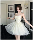 ADVBRIDGE  -  French Style Apricot Elegant Princess Dress Women Lace Strapless Sexy Mesh Mini Dresses Summer Sweet Kawaii Birthday Vestidos