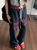 Advbridge Vintage Women Sweatpants Baggy Korean Preppy Style Retro Trousers Streetwear Y2k Letter Printed Wide Leg Patchwork Pants