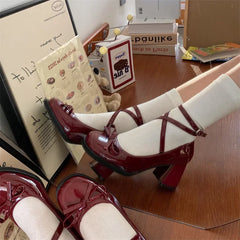 Advbridge Red Mary Jane Women Pumps New Fashion Bowknot Thick High Heels Female Lolita Square Toe Party Leather Shoes for Woman Sandals